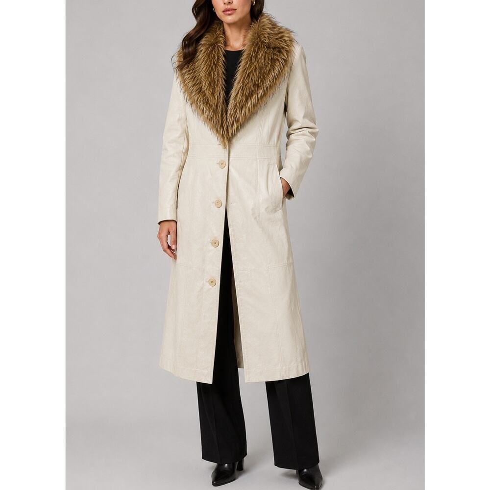 Terry Lewis Genuine Leather Coat Faux Fur Collar Long Coat White Penny Lane sz L